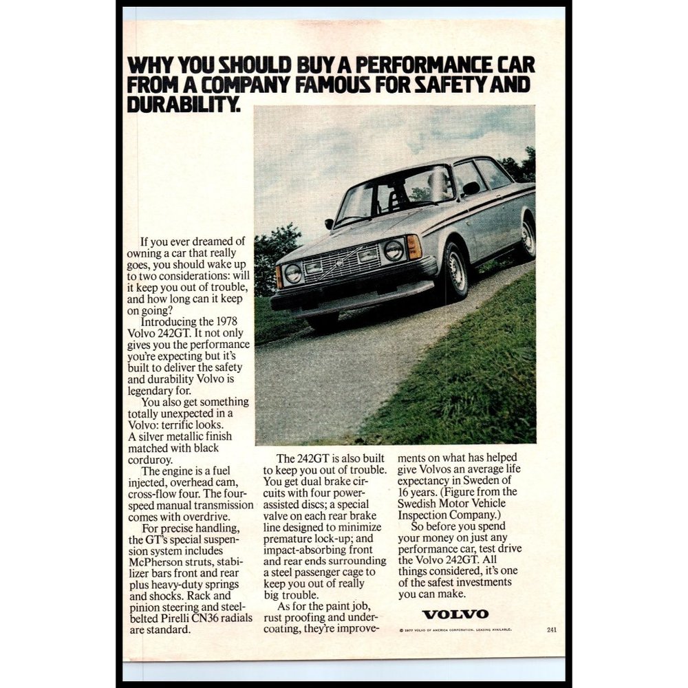 1978 Volvo 242GT 2 Door Coupe Vintage Print Ad Classic Car Wall Art Sweden